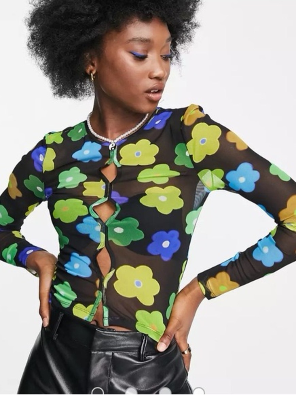🌼 Topshop | Black Sheer Floral Mesh Top with Green and Blue Blooms | M